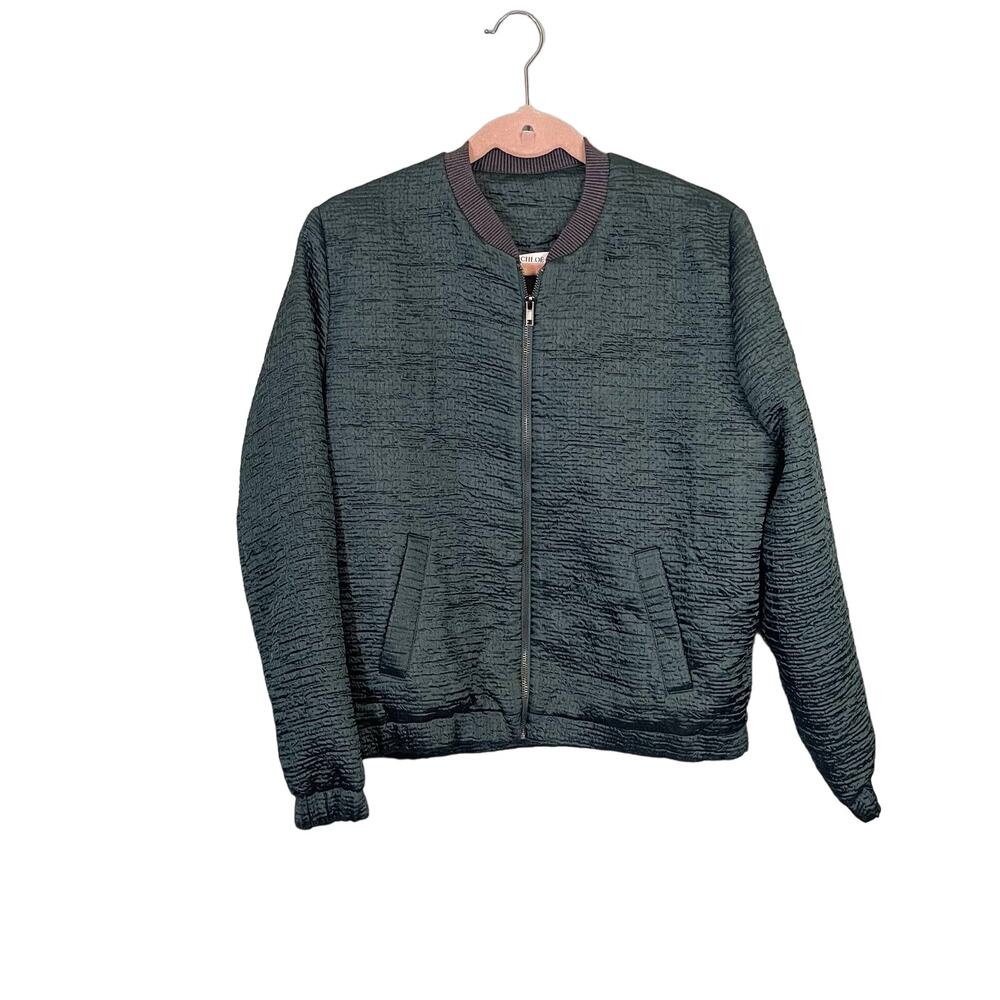 Chloe Stora Women's Green Textured Full Zip Long Sleeve Bomber Jacket Size Small